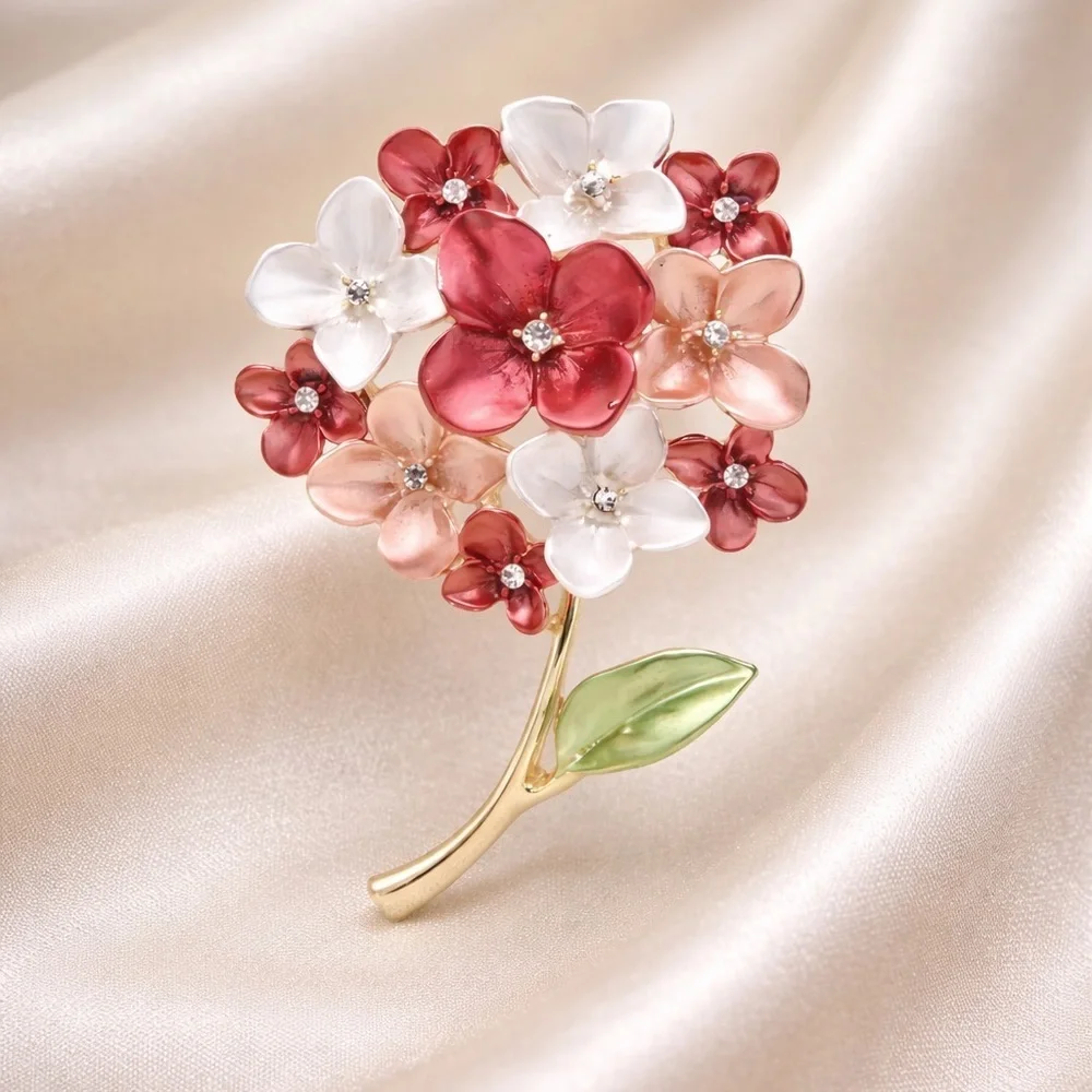 Pink Hydrangea Floral Gold Brooch